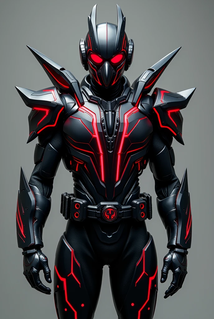 Kamen Rider costume design with the image of an imperial eagle, combined with modern mechanical elements. The main armor is glossy black, dotted with red lines symbolizing claws. The mask has a sharp crow beak shape, integrated with night vision goggles. The artificial wings can be opened to increase speed, made of light and durable metal. The costume must have a streamlined, mobile design, suitable for action scenes. Main colors: black, red, silver gray. Style: minimalist, modern, strong