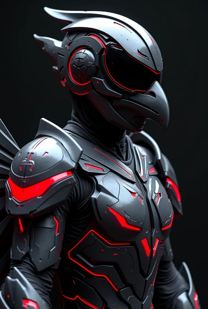 Kamen Rider costume design with the image of an imperial eagle, combined with modern mechanical elements. The main armor is glossy black, dotted with red lines symbolizing claws. The mask has a sharp crow beak shape, integrated with night vision goggles. The artificial wings can be opened to increase speed, made of light and durable metal. The costume must have a streamlined, mobile design, suitable for action scenes. Main colors: black, red, silver gray. Style: minimalist, modern, strong