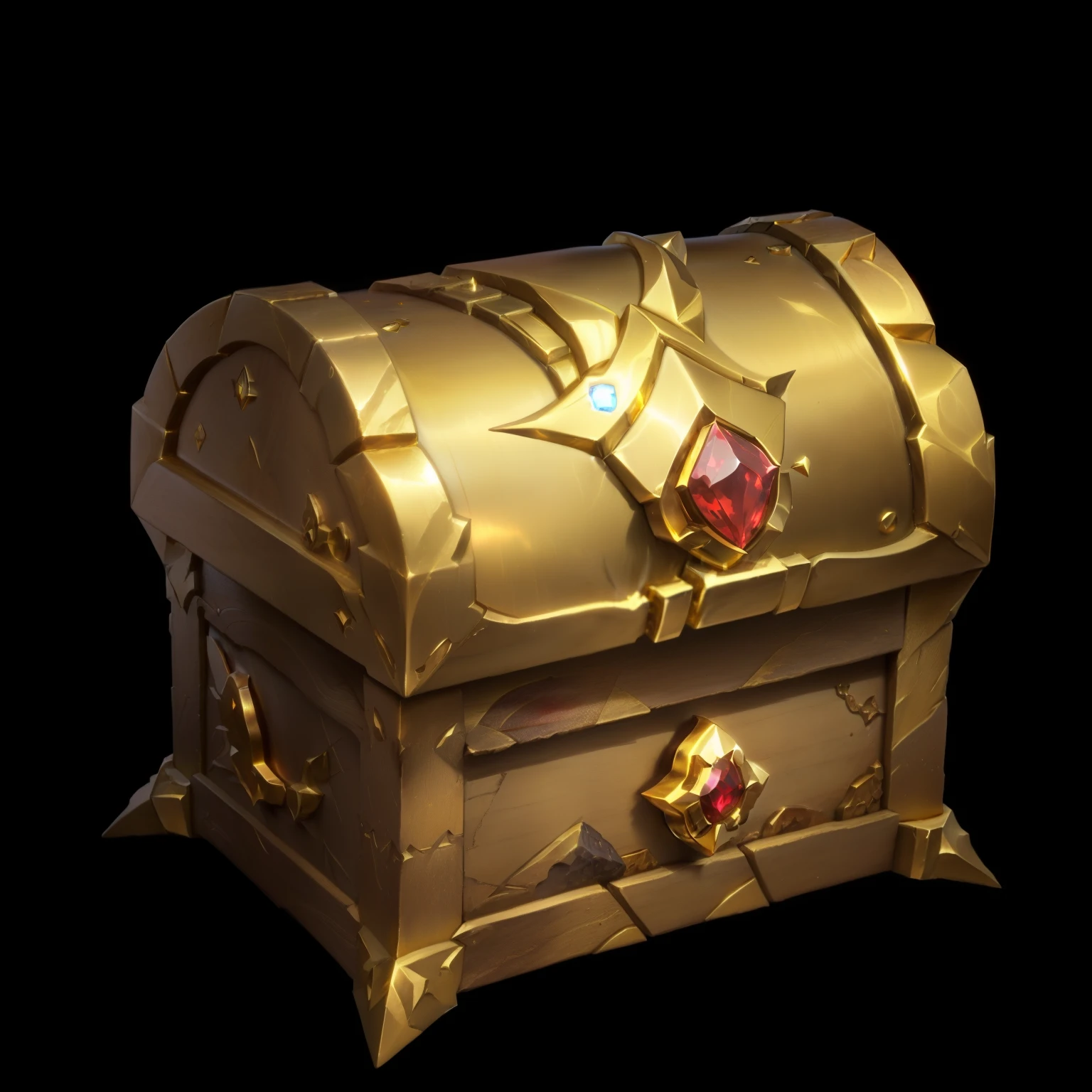 Gold treasure chest inlaid with rubies,Metal Material,League of Legends Inventory Items, Loot Boxes, Treasure ,A small amount of gold coins and sapphires,Metallic luster,Game assets, Treasure artifact, 3d icons for mobile games,Diablo concept style,