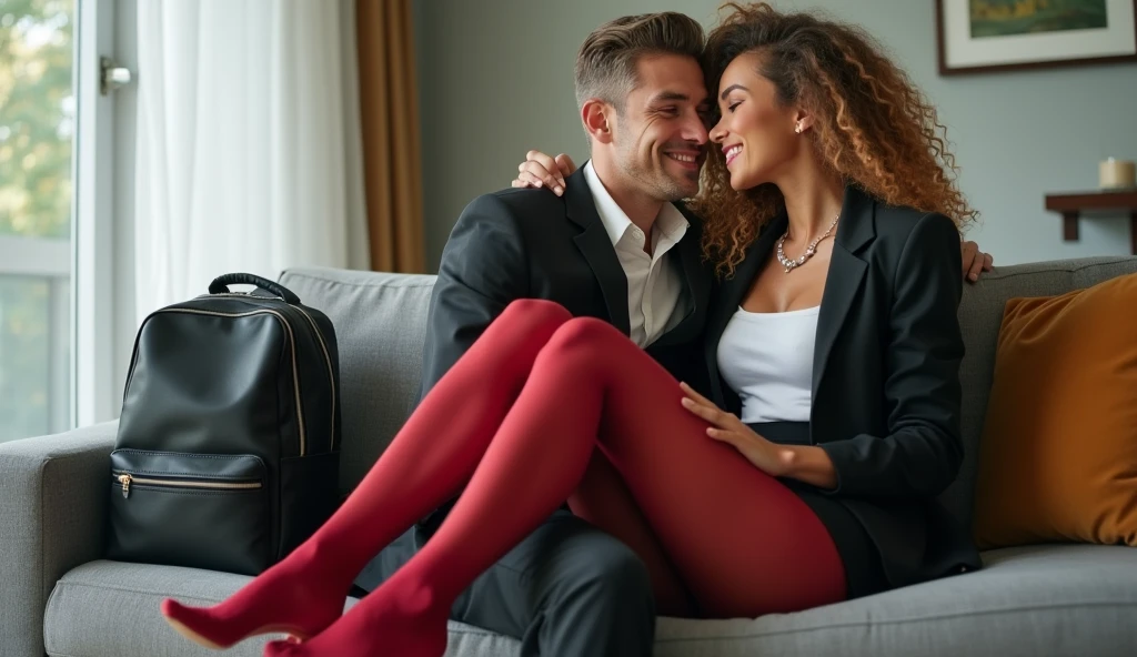Show entire body, feet in view, gorgeous mixed race super model, medium build, slim waistline, pretty face, curly blonde hair, visible nipple, necklace, DD breasts, wearing corporate attire, tight miniskirt , sheer red pantyhose, pretty feet, backpack, smiling, modern living room, a male wearing a men’s school uniform sits next to her, the female’s legs rest on his lap, the male is kissing the female’s leg