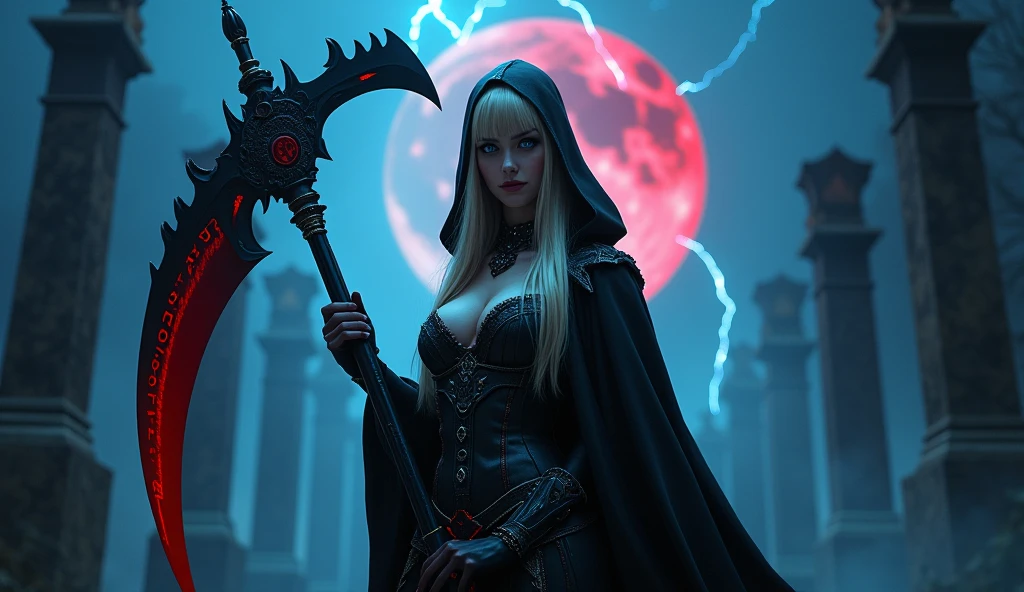 In this masterpiece, a stunning (Clara Morgane in sexy reaper cosplay:1.3), stands at the center of the frame, radiating an aura of mystique and beauty. The ultra-detailed 4K image presents her in front of a (black mana vortex:1.3) framed by the (huge gates of the realm of the dead:1.3), in the center of a necropolis surrounded by a dark jungle. The pitch-black night is lit by a few blue lightning bolts and a blood-red moon. The volumetric lighting casts a warm glow on her porcelain skin, accentuating the intricate details of her (sexy Armor of death). Her straight blonde hair is gorgeous, framing her charming smile and captivating cleavage. The mesmerizing atmosphere is punctuated by (blue thunderstorms and lightning) in the surreal dark sky, as if the heavens themselves are summoning her presence. The composition masterfully balances depth and complexity, drawing the viewer's eye to the perfect body, with its impeccable anatomy and sexy pose. (Charming smile:1.2), (Beautiful Big tits:1.5), (Finely crafted black tiara), She holds a huge scythe covered in blood red runes in her hand. (Dark theme). (Beautiful naked navel:1.5). Her high-quality sexy armor, composed of a (black bikini) and (pieces decorated with skulls), (blue eyes:1.3), (blond hair), (detailled black cape with black hood:1.3). (Low angle:1.3). (ultra detailed). (very high quality wallpaper), (4k), (sharp image), (Photorealistic),