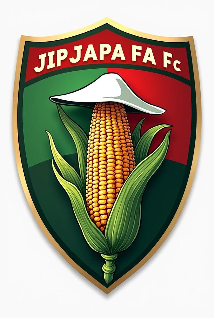 I want a soccer shield with the name ( JIPIJAPA FC ) on top of the shield, with green and red colors on the inside, that has a corncob in the middle with a white hat 