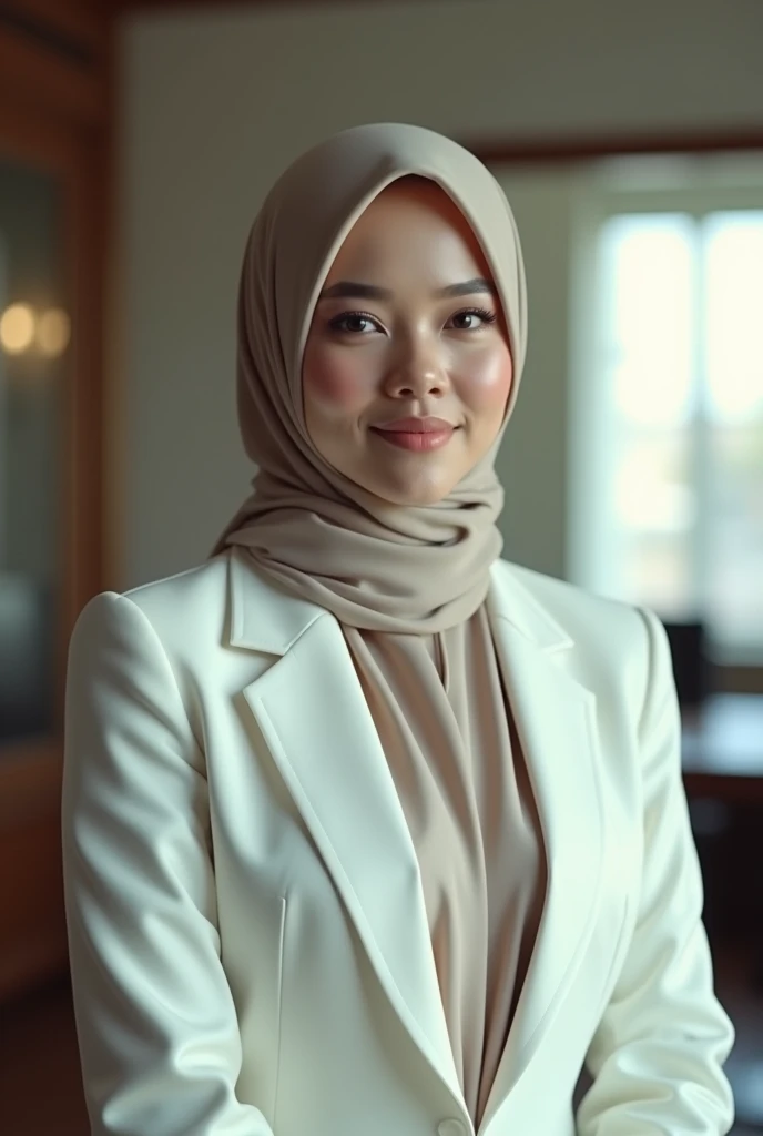 30 year old, malay women with oval face, body weight 55kg, potrait, ( Dead Rank 1.3), wearing white suit, wearing hijab scarf, polite girl, infornt of office desk, cinematic scene, masterpiece, 4k HD, 8k hd