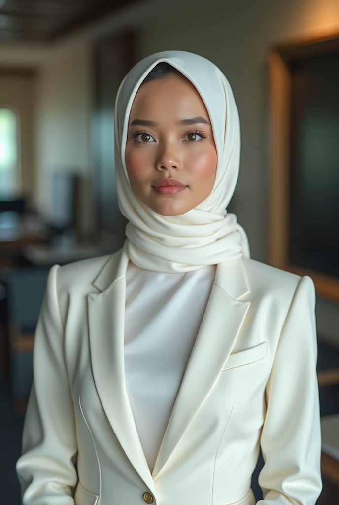 30 year old, malay women with oval face, body weight 55kg, potrait, ( Dead Rank 1.3), wearing white suit, wearing hijab scarf, polite girl, infornt of office desk, cinematic scene, masterpiece, 4k HD, 8k hd