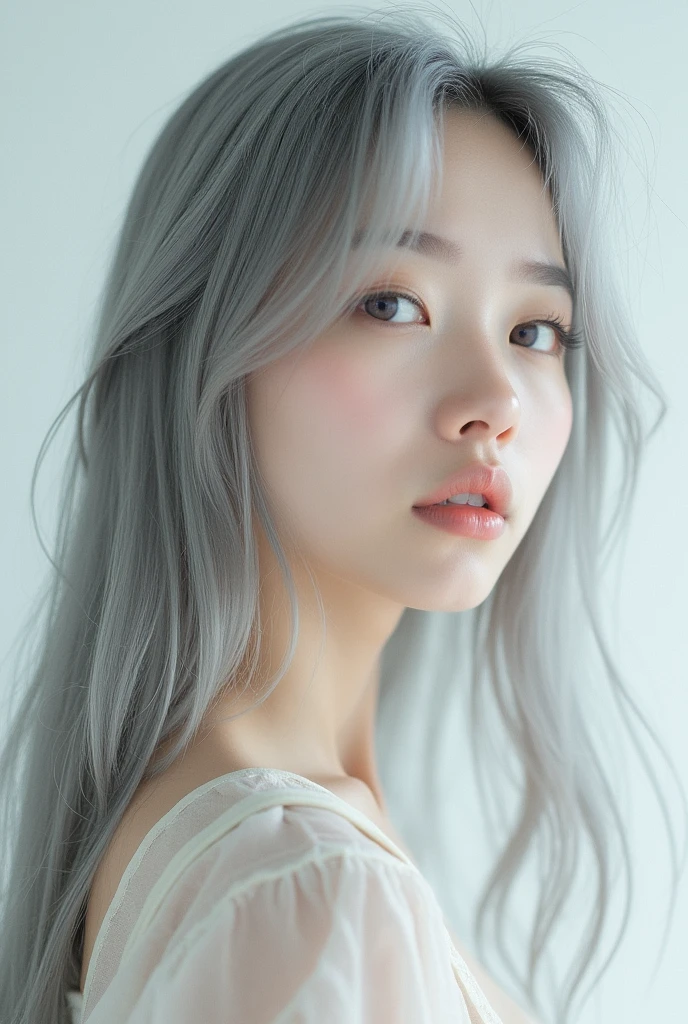A Japanese girl with long gray hair, alabaster skin and violet eyes in the style of chic photography, split into multiple different images shot from various angles, different expressions, against a white background, Kodak Portra 160