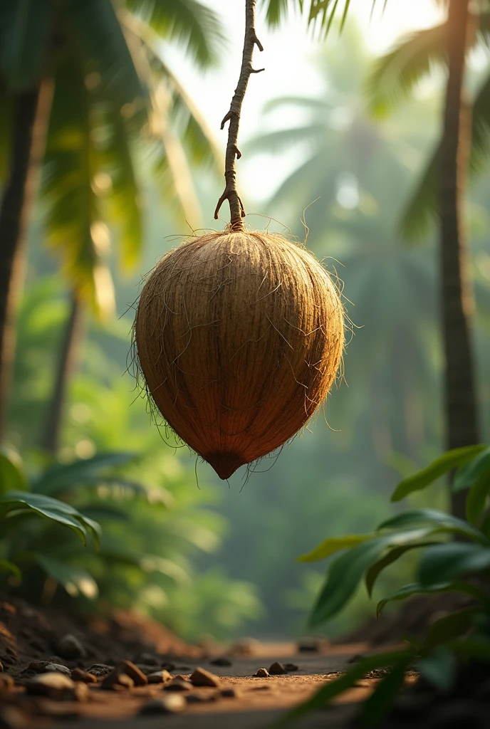 One kerala Coconut falling down to land.