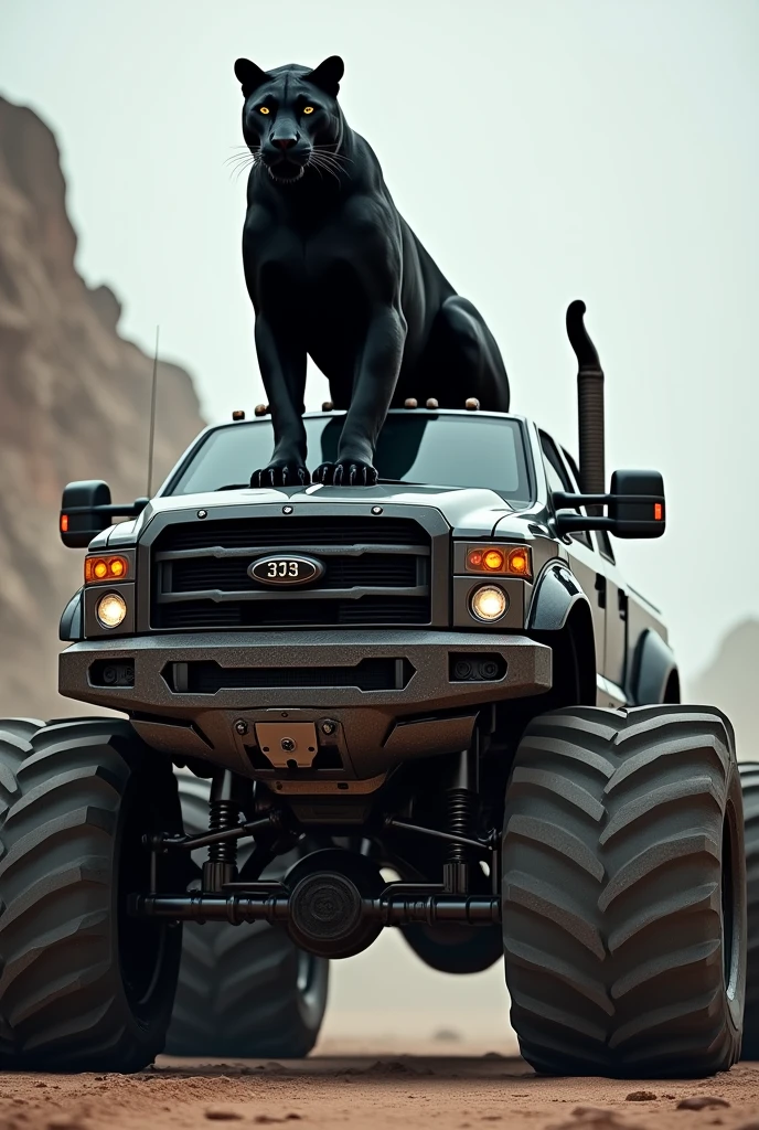 Black panther sitting on the bonnet of a monster truck 