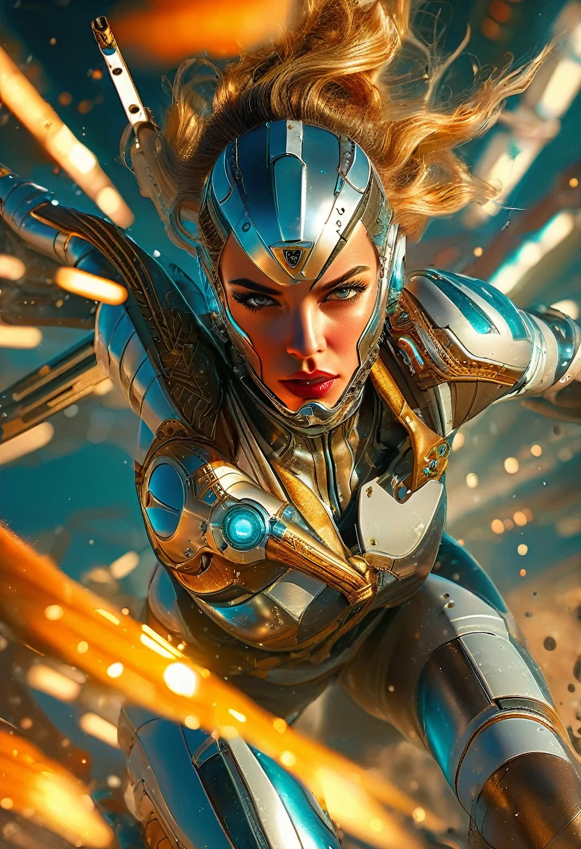 realistic goddess, highly detailed portrait, 1 woman, beautiful detailed eyes, beautiful detailed lips, extremely detailed face and skin, intricate detailed clothing, futuristic gun, dramatic lighting, cinematic composition, photorealistic, 8k, hyperdetailed, masterpiece