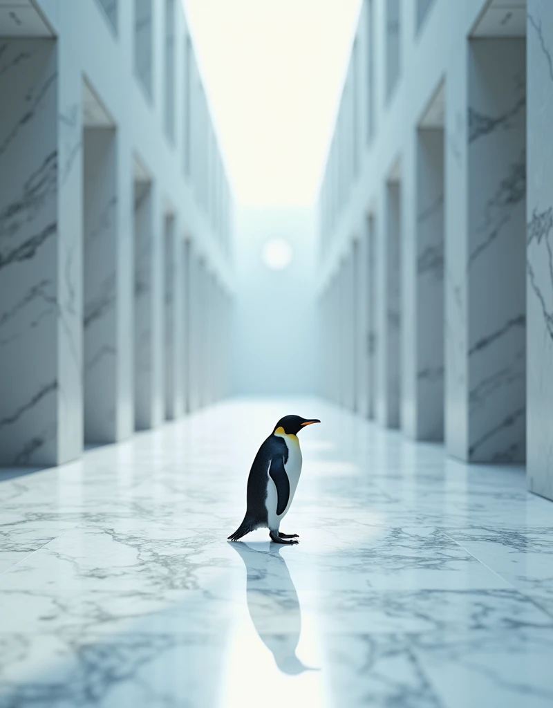 A marble floor, gleaming and smooth,
Stretches out in endless expanse,
A boundless canvas of pristine white,
Where nature's grace and art coalesce.
Across this frozen, untouched domain,
A lone penguin, graceful and serene,
Glides with effortless, measured pace,
Bridging the polished and the unseen.
The elegant stone, a testament to craft,
Meets the snow's untamed, ethereal charm,
Creating a tableau of striking contrast,
Where refined and wild entwine, disarm.
This quiet scene, a moment out of time,
Merges the manmade and nature's sublime,
Inviting the soul to pause and behold
The beauty that lies in this stillness untold.