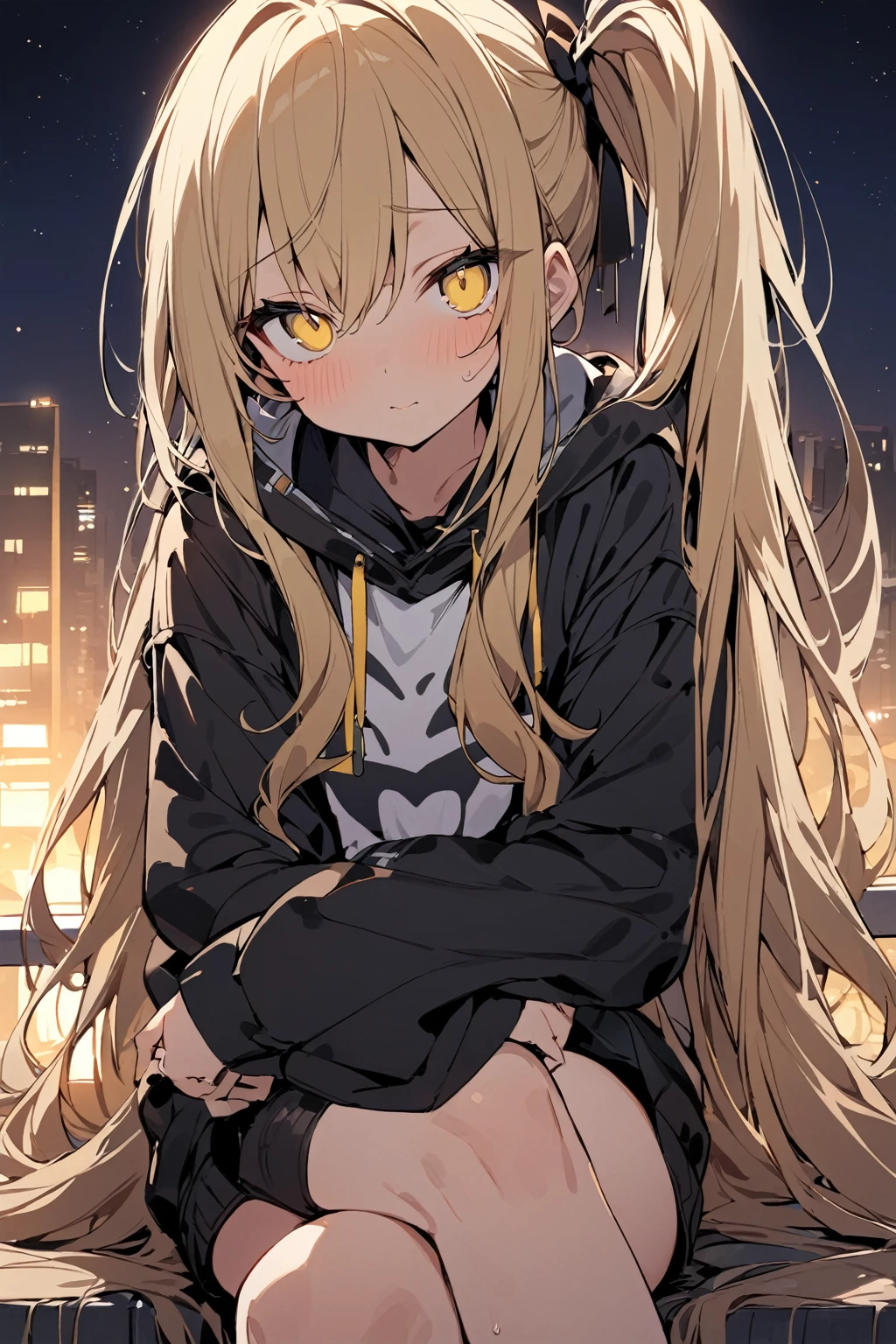 masterpiece, best quality, best quality drawn, a cute girl, solo, yellow eyes, blonde hair, very long hair, long side up hair, long side ponytail, droopy eyes,
cool clothes, night sky,
/sitting, crossing legs/