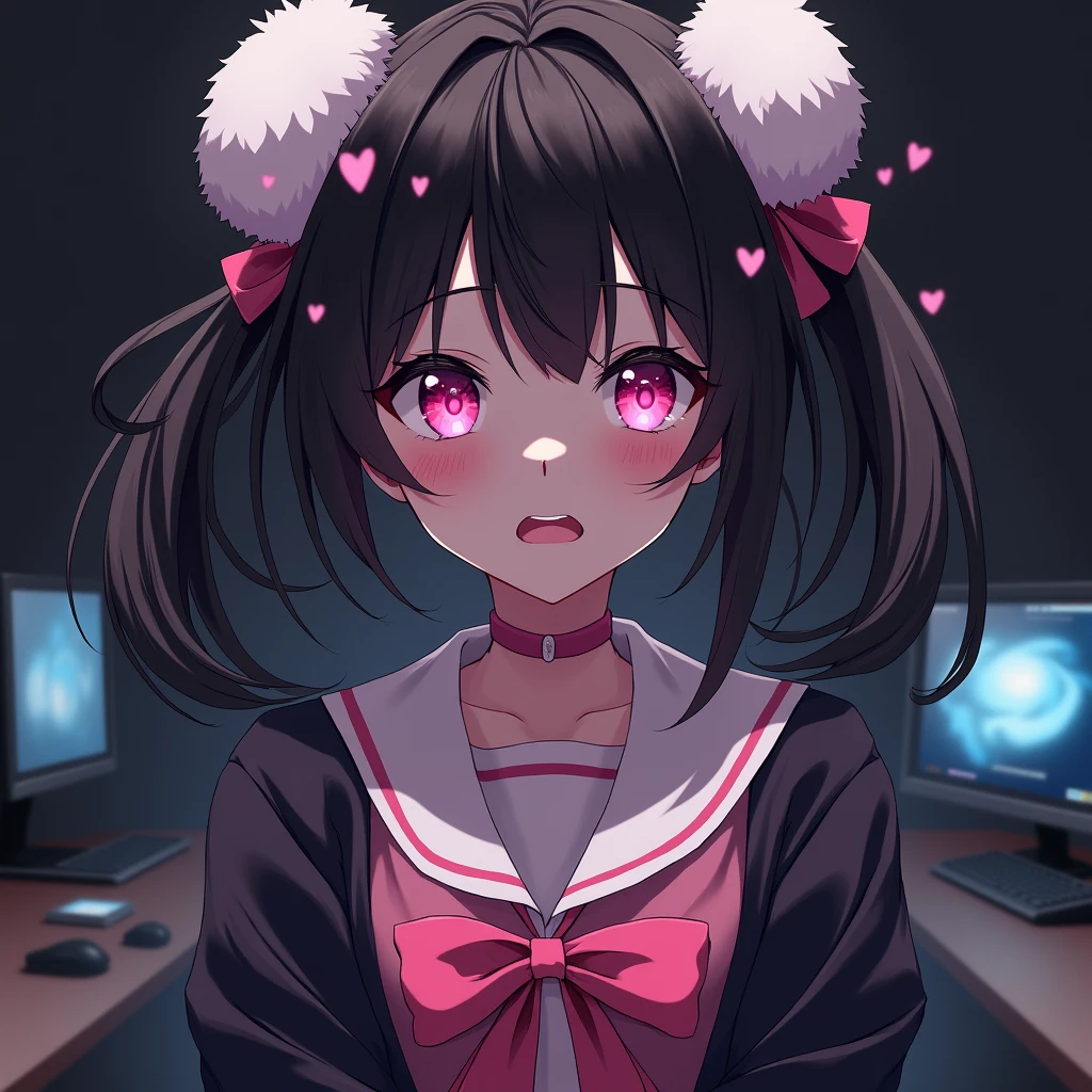 One person, Black Hair,Pink inner color,Hairstyle is half twin tail, bangs,Pink Eyes, Droopy eyes,Hearts in eyes, White fluffy hair accessory,Pink hair ribbon, anime, anime風, skirt,Frills,Mine system,smartphone,Pink Sailor Suit,Dark cardigan,Drooping eyes,Confused eyes,Worried brow,Yandere,background computer,smartphone,delivery,Illness,dark,Korelis,Korekore,Exposure
