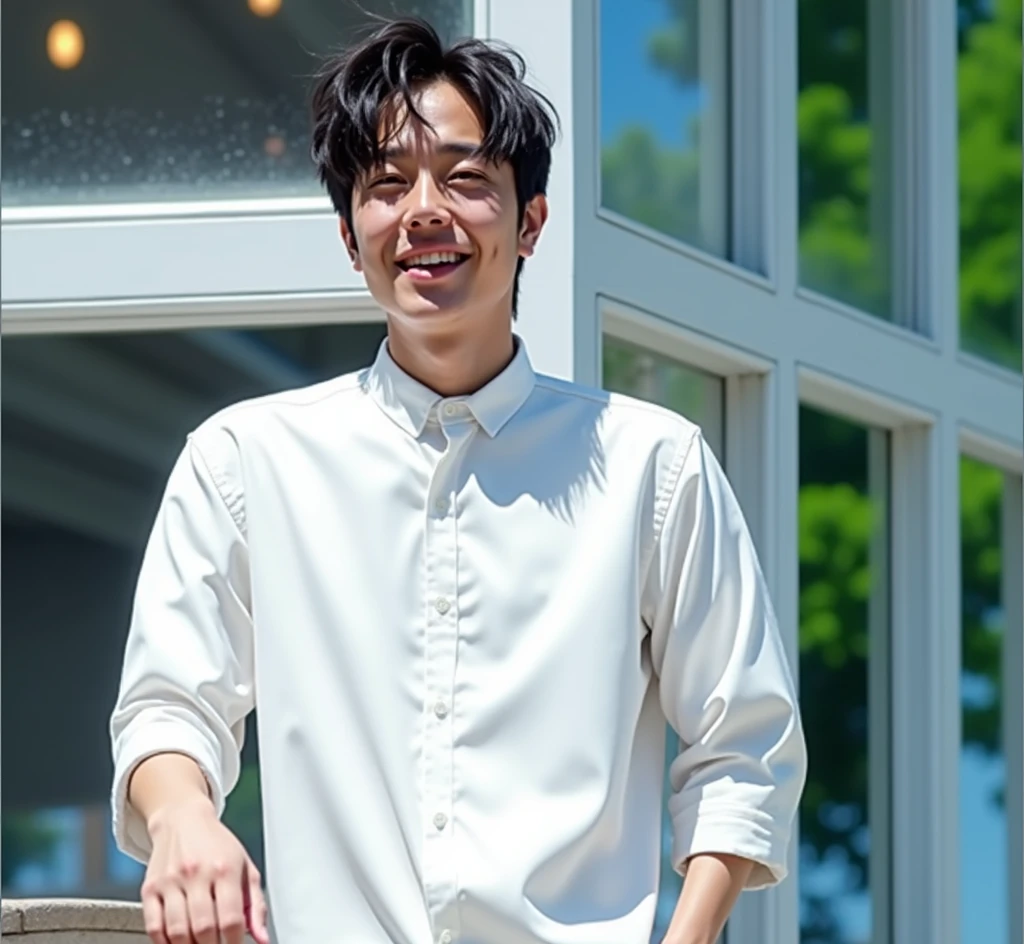 {high resolution}, {{male1名}}, {{Highest quality}}, , (8k, Highest quality, masterpiece:1.2, Very detailed), (Realistic, photoRealistic) , male, Ulzzang is cool, Handsome, Ulzzang, White shirt, Smiling with a park in the background, Hall々It is said that, manly