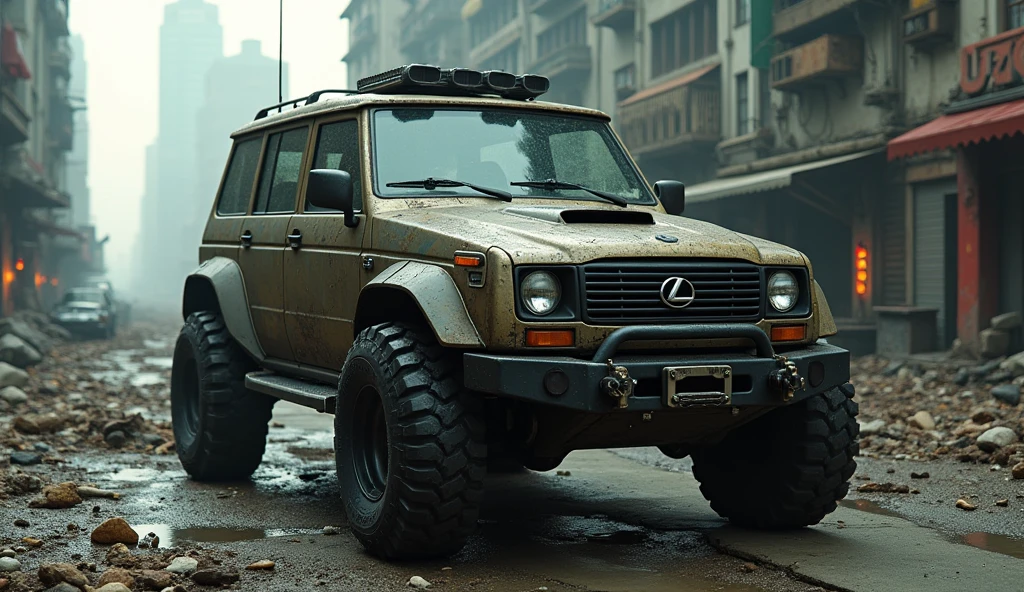 Cyberpunk Lexus Vintage Armored Wagon、Shallow depth of field、(masterpiece:1.3) (最high quality:1.2) (high quality:1.1)、Cinematic Light, ((Cinema Lighting),(Natural light),(High level of artistry),(artistic),(Indistinguishable quality from the real thing),RAW Photos,Genuine,Genuine,High resolution,RAW Photos,masterpiece, beautiful,Wide-angle action shots, Post-apocalyptic, 