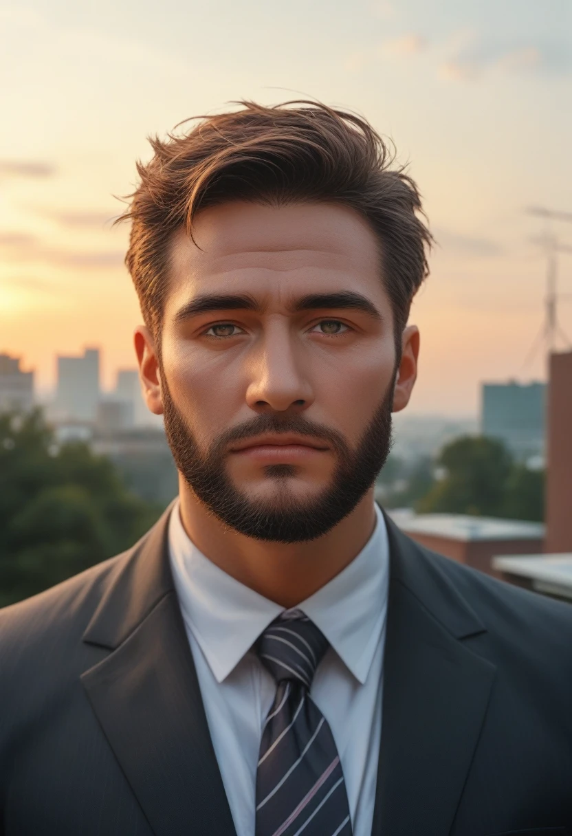 (realistically, Masterpiece, High resolution 8K, good light quality, Portrait, closed on face, complicated details), Handsome Korean Uncle, Beard,Age 40, Staring at desire, detailed face, Detailed eyes, look at the sky, shirt, suit lac suit,tick,黑Eyes, (Pale skin), body standards,brown hair, smooth hair,Big Back, Outdoor activities, evening, sunset,office room, Exaggerated, impersonal