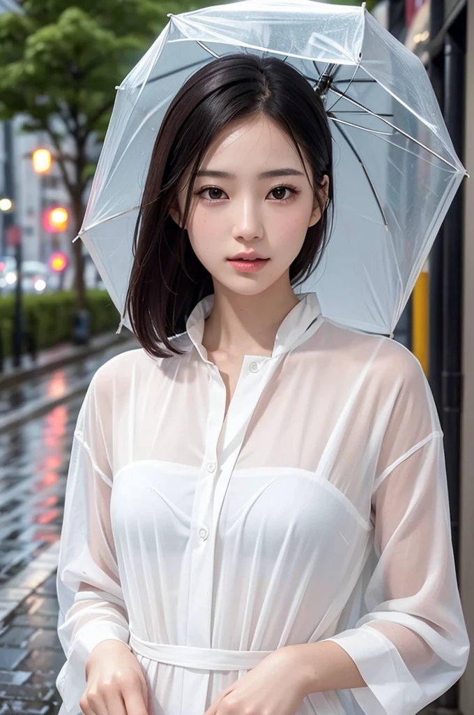 best quality, 8k, very delicate and beautiful, highly detailed face and skin texture, shiny skin, high resolution, sexy japanese girl in raincoat walking on a wet street, sharp focus