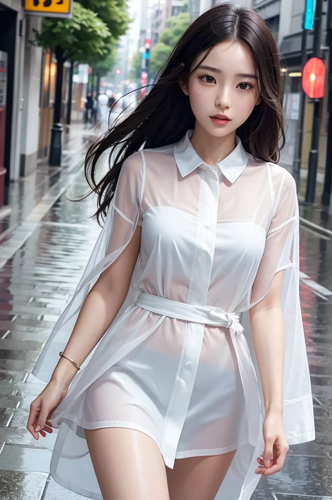 best quality, 8k, very delicate and beautiful, highly detailed face and skin texture, shiny skin, high resolution, sexy japanese girl in raincoat walking on a wet street, sharp focus