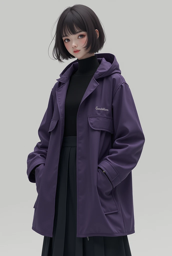 A black and purple cotton raincoat with a simple and elegant design that matches with student uniforms.