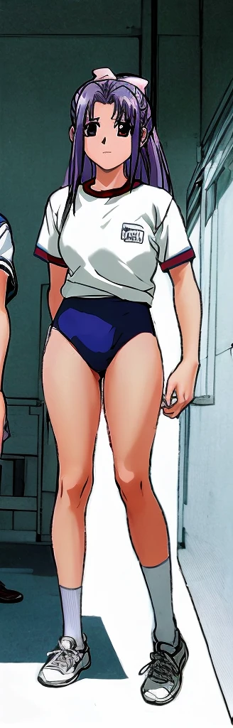 Momoko Koigakubo, a tall girl with beautiful legs, stands in a white gym uniform and light navy blue bloomers that look like panties.。