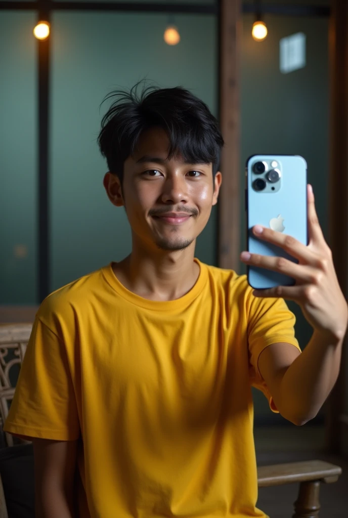 In a studio, the young man bravely takes a selfie in the mirror with an iPhone 15 in on focas face & phone no blur. Yellow T shirt and she's looks 25 degree angle . Cinemati light ., furniture glass background blur , Bangladeshi, Age: 21. dark hair, on cheeks. Urban look