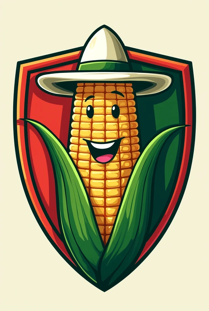 I want a soccer shield with the name ( JIPIJAPA FC ) at the top of the shield, with green and red colors on the inside, that has in the middle a corncob with a happy face and a white hat 