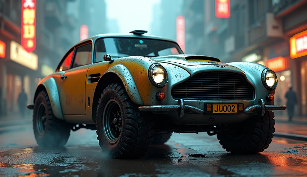 Cyberpunk Aston Martin vintage armored wagon、Shallow depth of field、(masterpiece:1.3) (最high quality:1.2) (high quality:1.1)、Cinematic Light, ((Cinema Lighting),(Natural light),(High level of artistry),(artistic),(Indistinguishable quality from the real thing),RAW Photos,Genuine,Genuine,High resolution,RAW Photos,masterpiece, beautiful,Wide-angle action shots, Post-apocalyptic, 