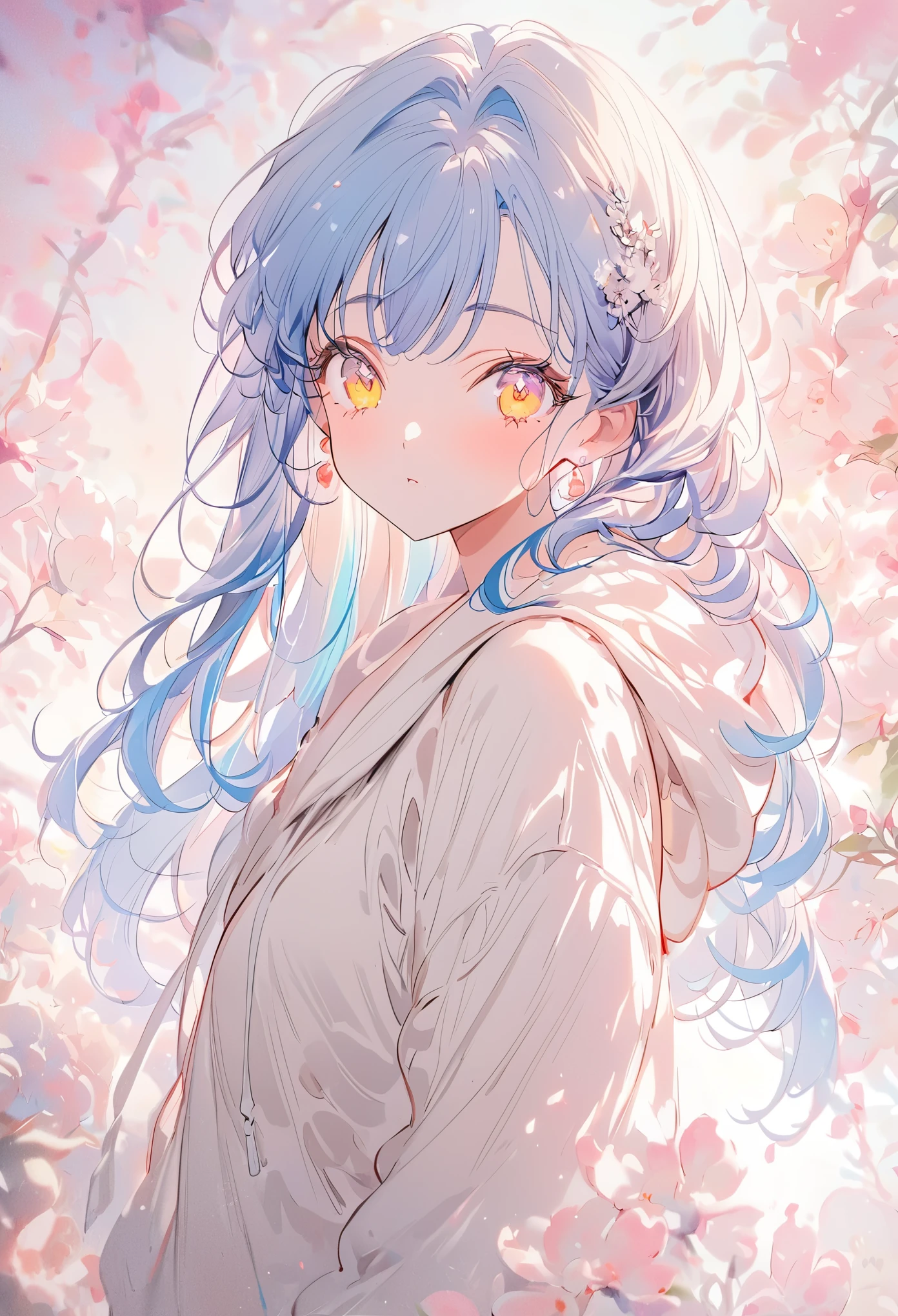 Soft lines, blue hair, yellow eyes,wearing over size white hoodie,sleeves past wrists overly long sleeves,Official art using high-quality hand-drawn watercolor sketch techniques. (best quality,4k,8k,highres,masterpiece:1.2),ultra-detailed,beautiful detailed eyes,A girl with beautiful eyes, everyone, beautiful anime girl, cute anime girl, smooth anime art, anime style, elegant colors, soft lighting, delicate beautiful eyes, very coquettish,