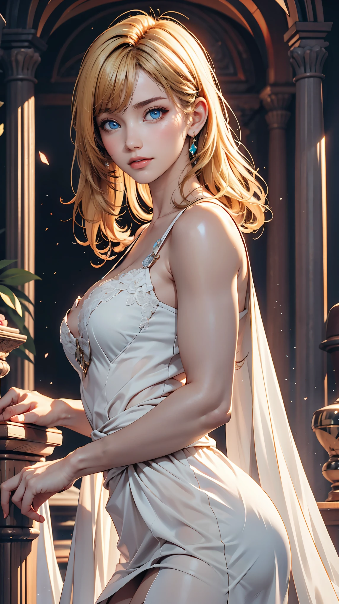portrait, elegant adult woman, blue eyes, blonde hair, 4k resolution, high quality cg, beautiful cg, soft light