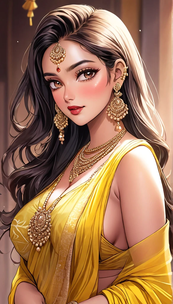 (Comic illustration)Renowned actress at the age of 28 wearing a provocative yellow silk  saree with intricate patterns, braless, tassel earrings, long hair , saggy breasts ,face makeup, beautiful, alluring,long kundan  jhumka earrings , necklace,white skin 
