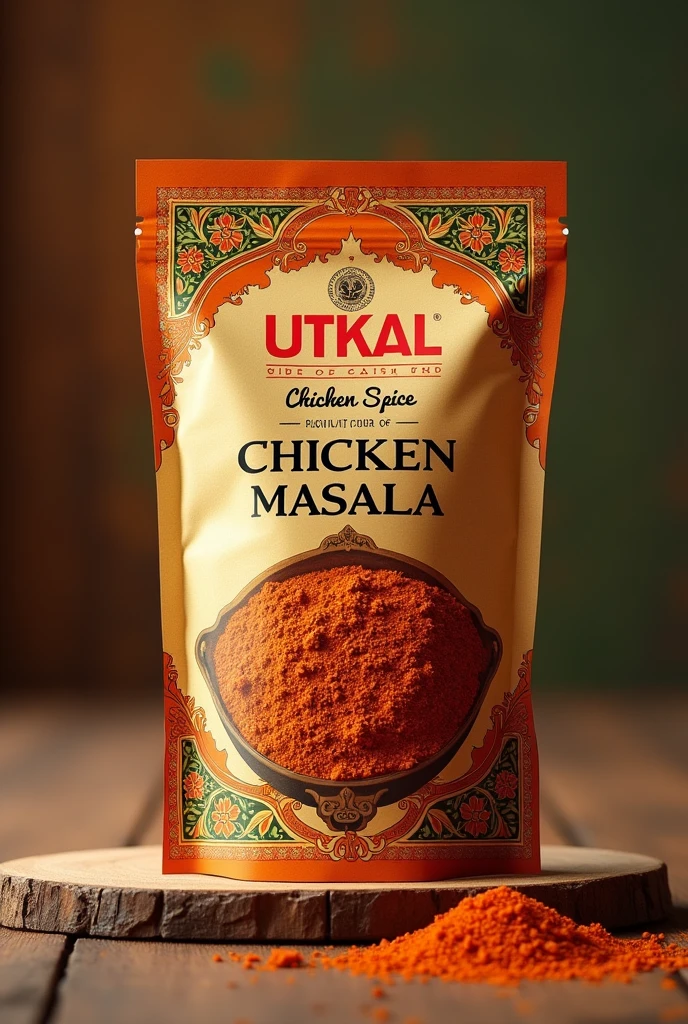 Make a packet design of brand name " Utkal Spices "and product name "Chicken Masala" as indian brand 
 no other languages text will show 