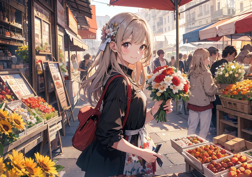 Realistic photos, Focus distance 10mm, Red and white, Beautiful girl, Realistic photos, Shooting at focus distance 10mm, masterpiece, 最high quality, high quality, Very detailed CG 8k wallpaper unit, Award-winning photography, Depth of written boundary, High resolution, bloom, chromatic aberration, Realistic, Very detailed, Art Station Trends, CGsociety Trends, Complex, High detail, dramatic, Art on the go, volumetric lighting, A young girl holds a bouquet of flowers amidst rows of colorful fruit and fresh flowers in a bustling Disney-style French market, smiling as she enjoys the scent of the flowers, with Disney-style painted old stone buildings in the background, Europe