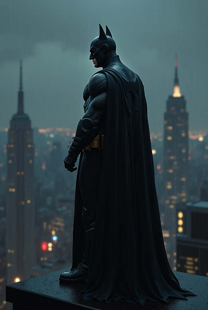 Real Batman on edge of the building at midnight watching the city skyline. Back shot, darkest sky, awesome picture, slight rain