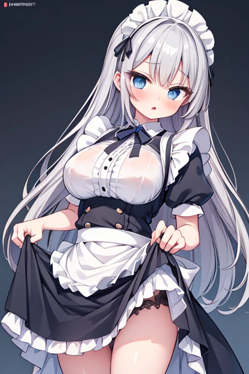 One person, High resolution, Anatomically correct, Textured skin, Long Hair, Gray Hair, Blushing, Large Breasts, blue eyes, Open your mouth a little, (((Lift your skirt yourself))),((Lift your skirt yourself)),Maid Head Accessories, Maid clothes