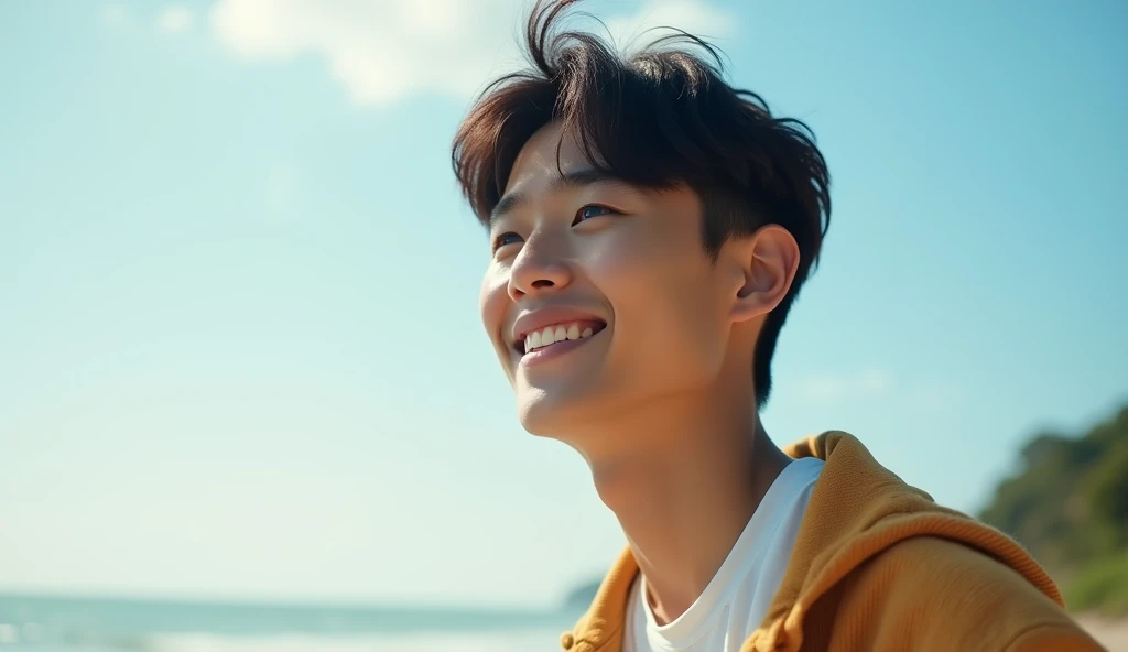 A Japanese male college student with short hair and stylish clothes is looking into the distance with a bright expression,Excited, Photo of your face, At the beach, with a natural look, With a slightly tired look, tilt your face a little, Diagonal orientation, Average face