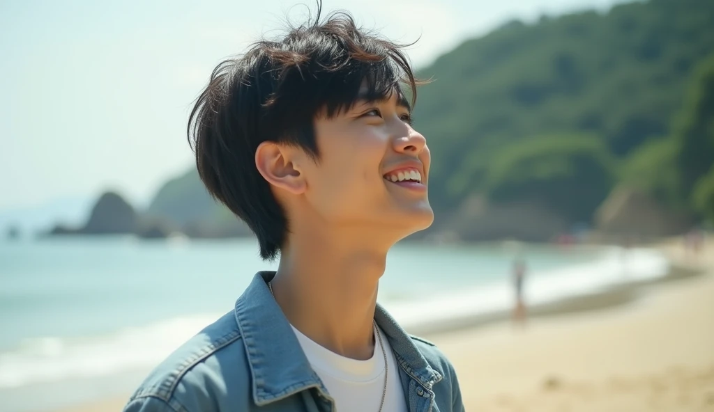 A Japanese male college student with short hair and stylish clothes is looking into the distance with a bright expression,Excited, Photo of your face, At the beach, with a natural look, With a slightly tired look, tilt your face a little, Diagonal orientation, Average face