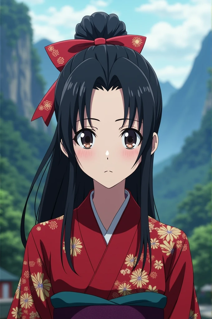 Kimetsu no Yaiba screenshot of a girl with black hair parted in two, her hair tied with a red ribbon. A beautiful scenery behind her. She is wearing a red kimono. Ufotable, ss4