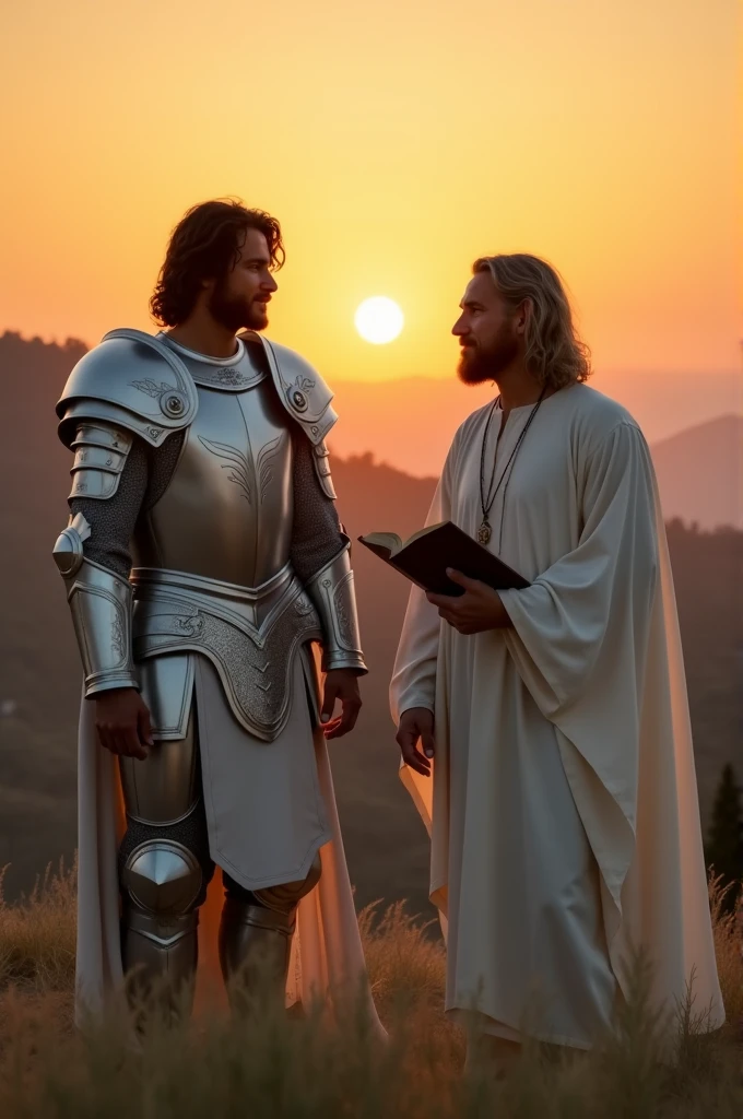 A man with normal hair wearing white silver armor alongside a man with shoulder-length hair in a white robe with a bible in his hand in the middle of a valley in front of a sunset 