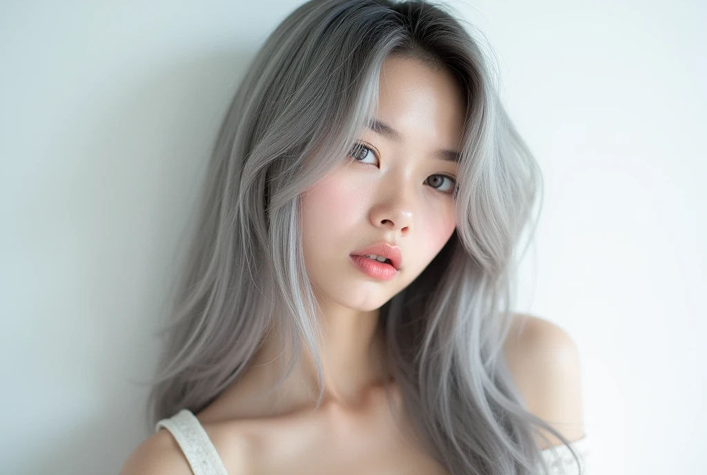 highly detailed, beautiful, hyper Realistic girl, masterpiece, best quality, Japanese sexy gravure woman, 28 years old, identity hidden, long gray hair, alabaster skin and violet eyes in the style of chic photography, split into multiple different images shot from various angles, different expressions, against a white background, Kodak Portra 160