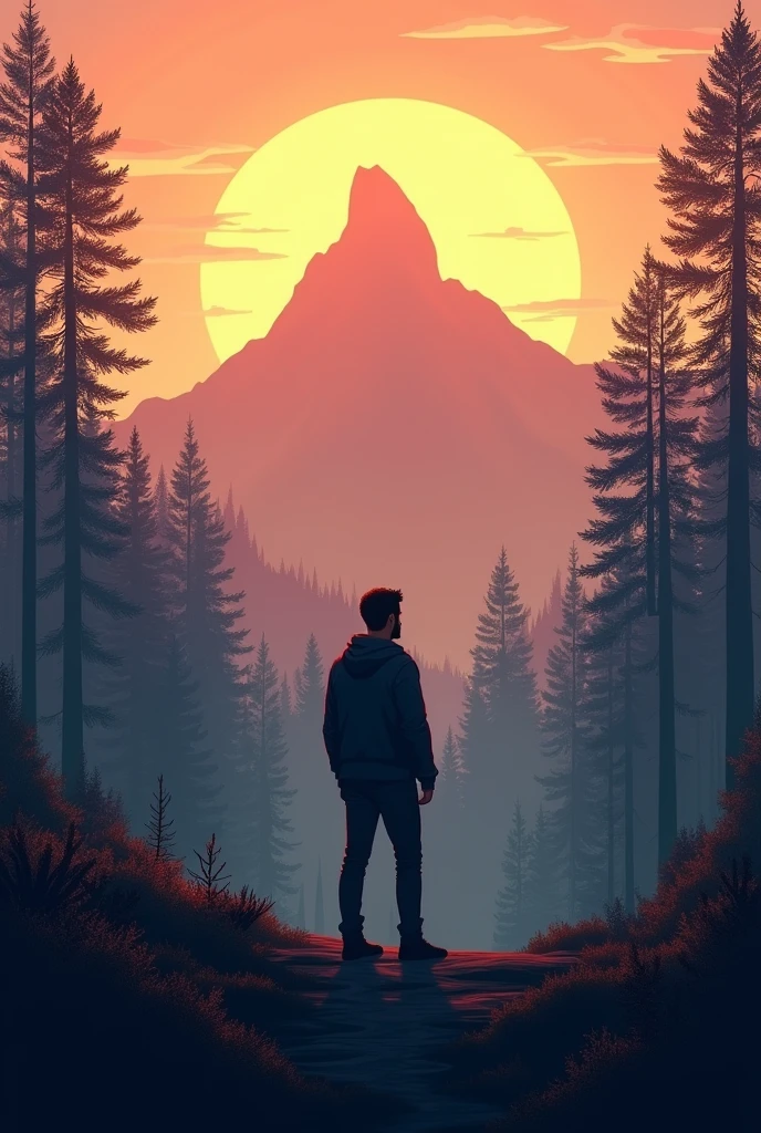 A one mountain.sun was rising between the mountain.many trees are there.one man stands hear.