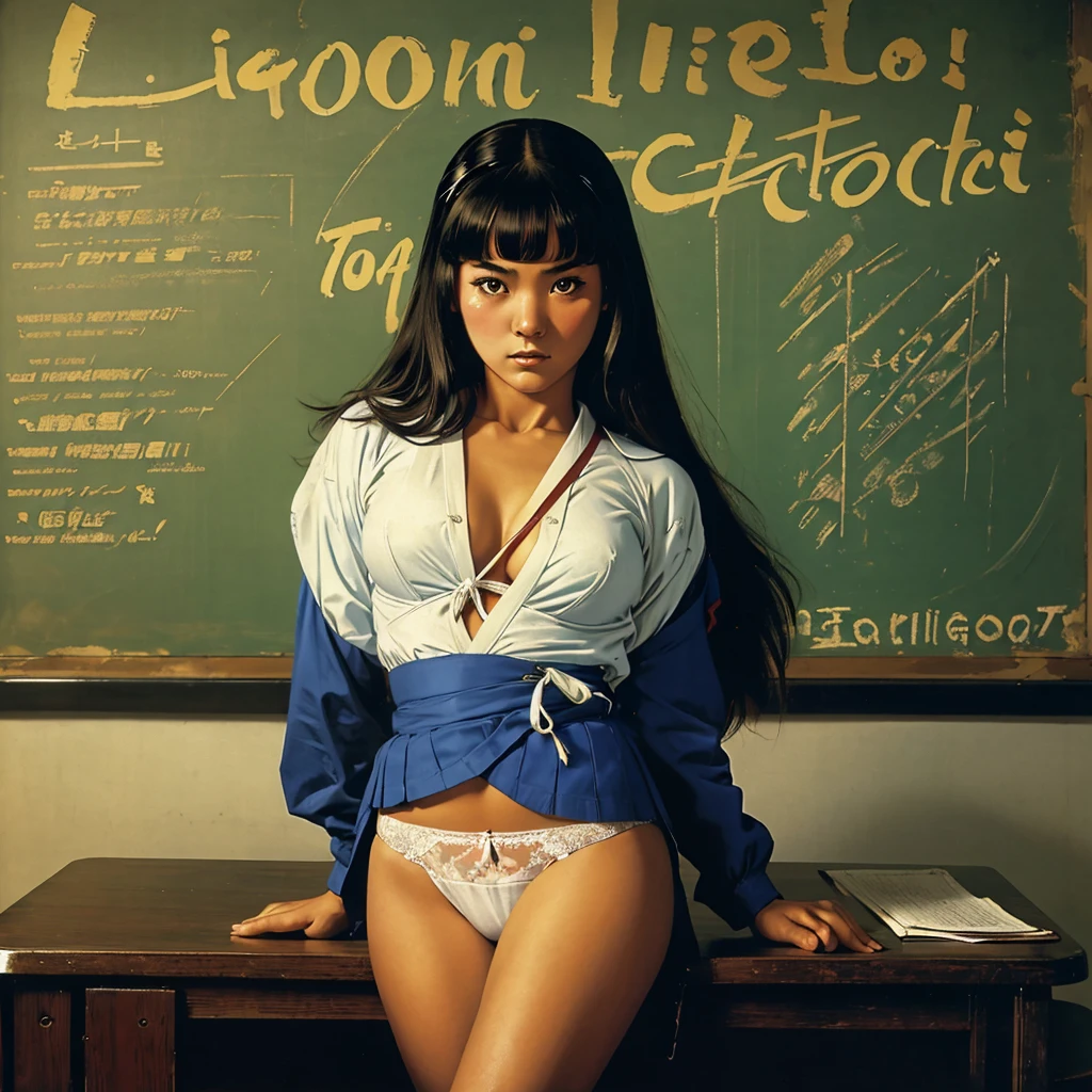 ((Japanese  girl in classroom, strict female teacher, erotic, student is tied up, white panties)), exotic, mysterious, vintage exploitation poster, magazine illustration, paper ripped and worn, stained, classic Crime and Horror, Gothic, Euro-Sleaze, Italian cinema, French avant-garde, Tarantino vibe, exploitation aesthetic, 50s, 60s, 70s, murder, suspense, lurid vivid colors, by Brian Bolland, by Basil Gogos, by Frazetta, by Mike Ploog, oil paint, dramatic, bold