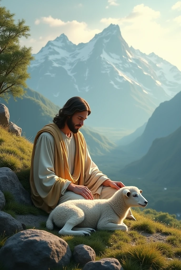 jesus and lamb in mountain