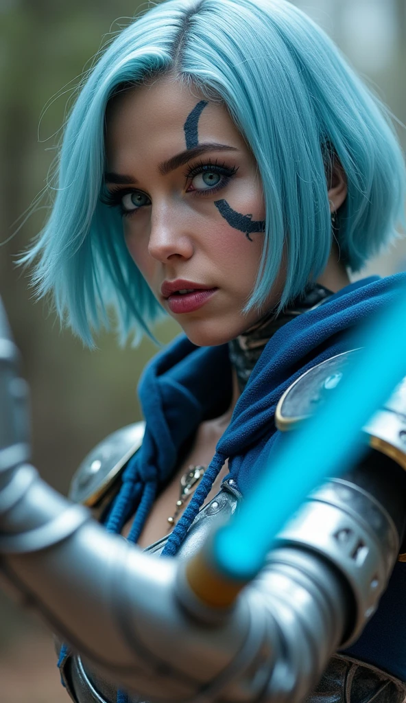 Captured from a low-angle perspective, a female warrior is depicted in a close-up shot. She is dressed in a metallic outfit, adorned with a blue hoodie and silver gloves. Her hair is styled in a short bob, adding a pop of color to her face. Her eyes are a piercing blue, and her lips are a darker pink. Her skin is covered in a pattern of black and white, while her hair is a light blue. She has a tattoo on her chest. Her left hand is raised, and she is holding a blue sword in her right hand. The background is blurred, suggesting a natural setting.