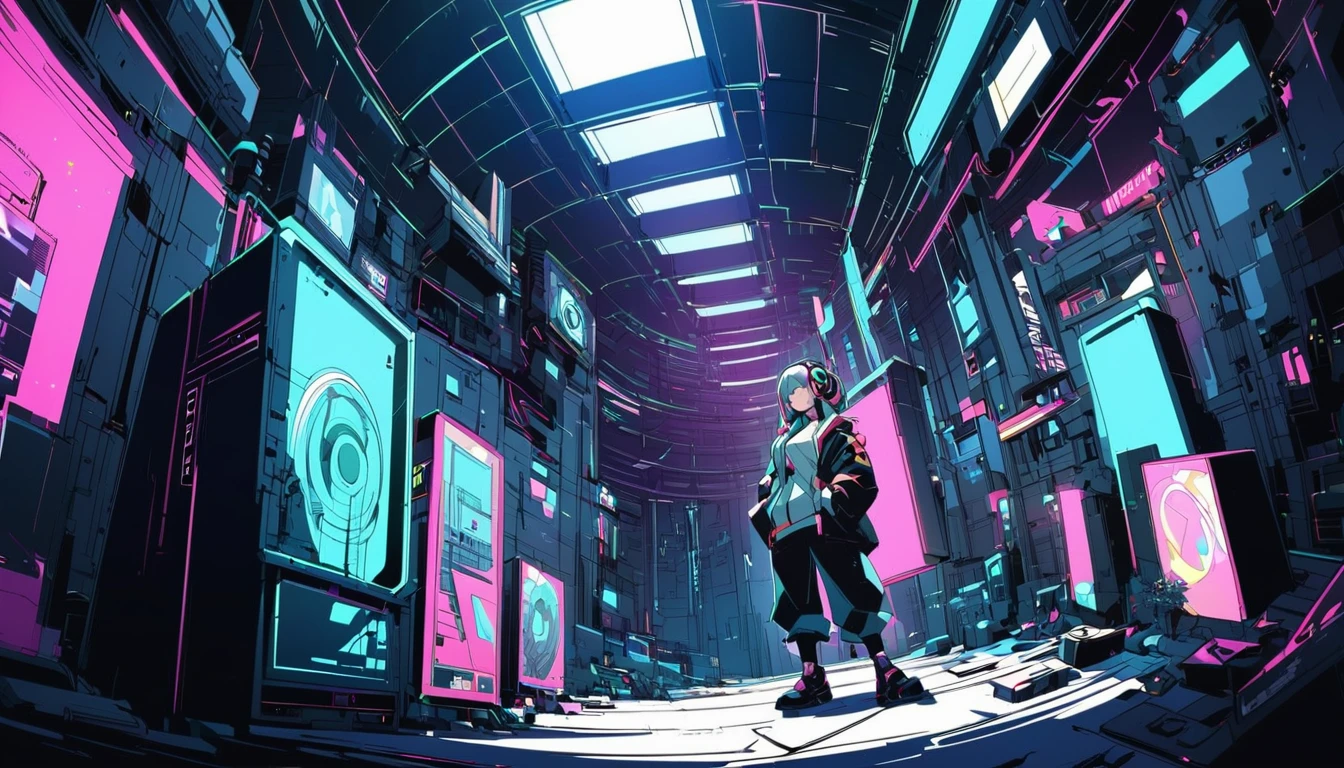 Ultra Wide Angle, Listening to jazz music with headphones、alone、Lofty Girl,Cyberpunk Style,anime, Lo-fi art style、Lofty Girl aesthetic, ghailan、animeの美学、relaxed mood,Lo-fi illustration style,Music Jacket,construction area