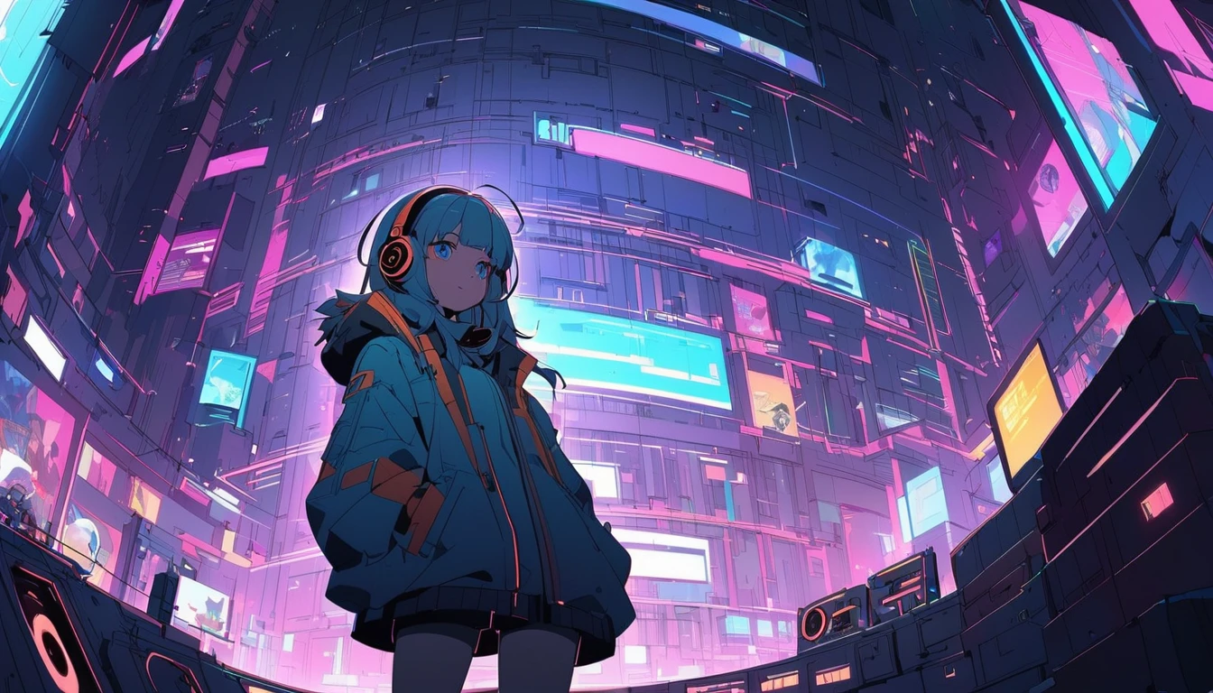 Ultra Wide Angle, Listening to jazz music with headphones、alone、Lofty Girl,Cyberpunk Style,anime, Lo-fi art style、Lofty Girl aesthetic, ghailan、animeの美学、relaxed mood,Lo-fi illustration style,Music Jacket,construction area
