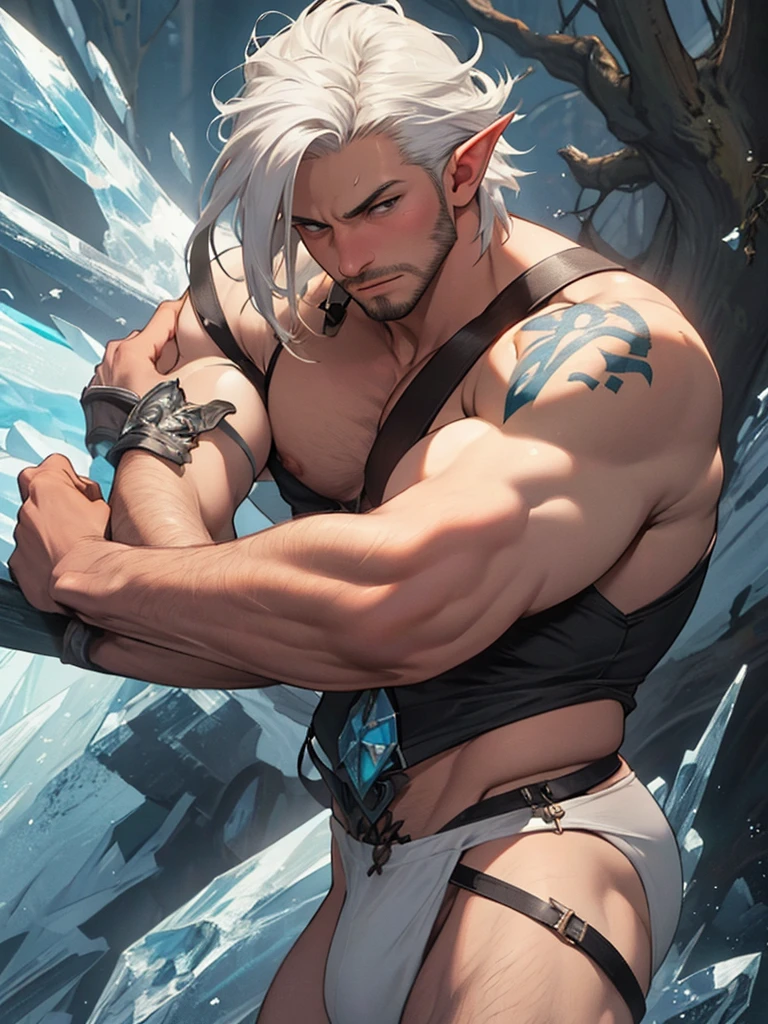 (masterpiece: 1.2), (very detailed: 1.2), (perfectly detailed), (very detailed and beautiful: 1.1) solo, 1 boy, male only, muscular male, Mentaiko art style, dynamic pose, shaved temples, thick stubble, has thick stubble, body hair, action scene, detailed face, at full height, ice magic, frost elf, conjuring ice magic, thongs, white hair,