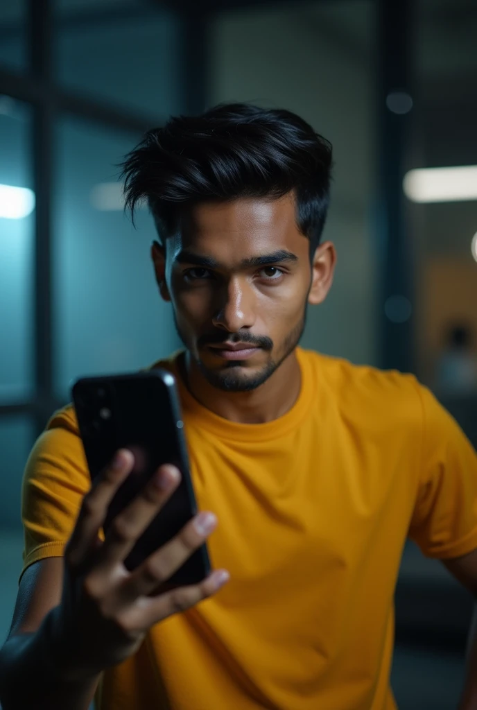 In a studio, the young man bravely takes a selfie in the mirror with an iPhone 15 in  on focas  face & phone no blur. Yellow T shirt and she's looks 25 degree angle .  Cinemati light ., furniture glass background blur , Bangladeshi boy , Age: 21. dark hair, on cheeks.  Urban look