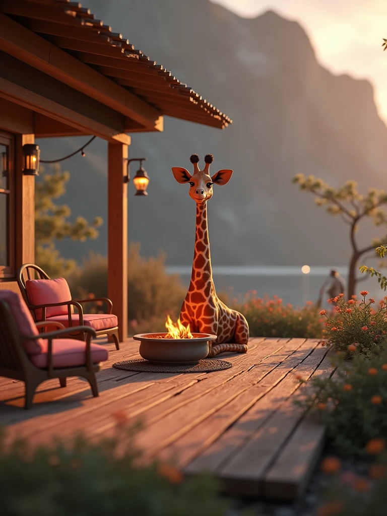 araffe sitting on a deck with a fire pit and chairs, unreal engine ; romantic theme, unreal 5 engine rendered, cinematic render unreal engine, unreal engine cinematic, cinematic unreal engine, unreal 6 breathtaking detailed, realistic unreal engine 3 d game, cinematic smooth unreal engine, rendered unreal engine 5, rendered in unreal 5, unreal engine realistic render, highly realistic unreal engine