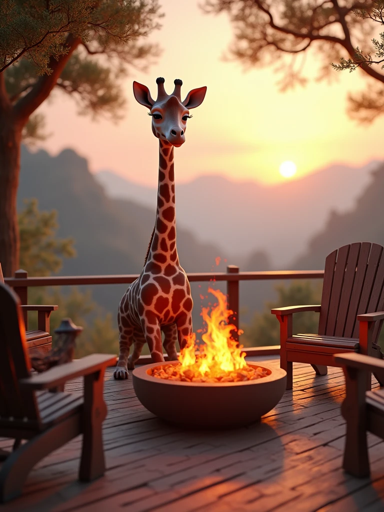 araffe sitting on a deck with a fire pit and chairs, unreal engine ; romantic theme, unreal 5 engine rendered, cinematic render unreal engine, unreal engine cinematic, cinematic unreal engine, unreal 6 breathtaking detailed, realistic unreal engine 3 d game, cinematic smooth unreal engine, rendered unreal engine 5, rendered in unreal 5, unreal engine realistic render, highly realistic unreal engine