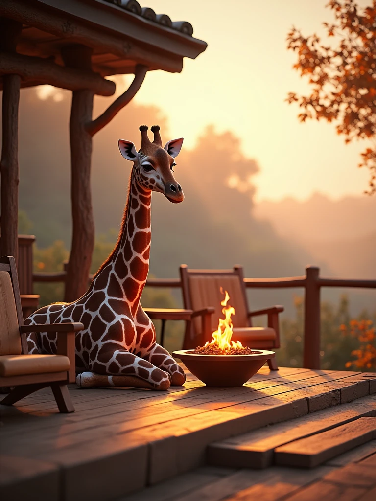 araffe sitting on a deck with a fire pit and chairs, unreal engine ; romantic theme, unreal 5 engine rendered, cinematic render unreal engine, unreal engine cinematic, cinematic unreal engine, unreal 6 breathtaking detailed, realistic unreal engine 3 d game, cinematic smooth unreal engine, rendered unreal engine 5, rendered in unreal 5, unreal engine realistic render, highly realistic unreal engine