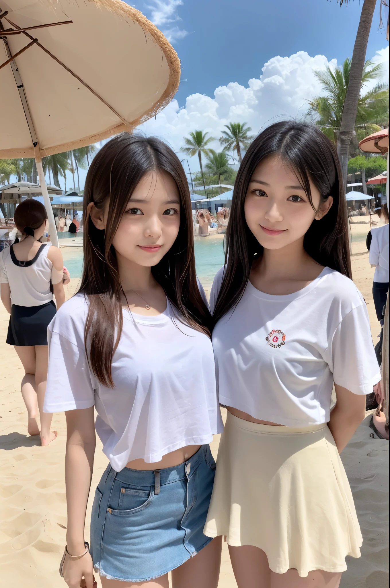 Two girls (20 years old, Japanese cute face) are wearing white Tshirts, mini skirt at the beach bar