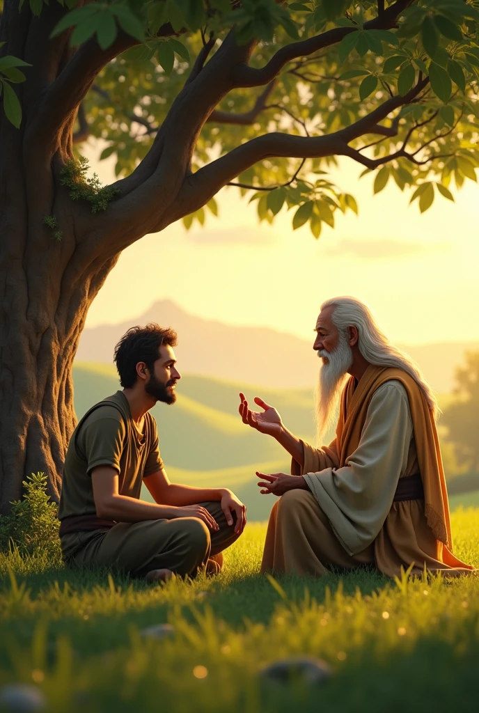 The sad poor farmer and the wise man sitting together under a tree, the farmer listening intently as the wise man speaks. Pixar style full hd disney